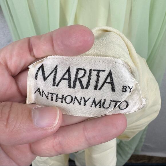 Vintage 70s Marita By Anthony Muto Sheer Balloon Sleeve Pleated Gown Green M/L - Picture 15 of 16